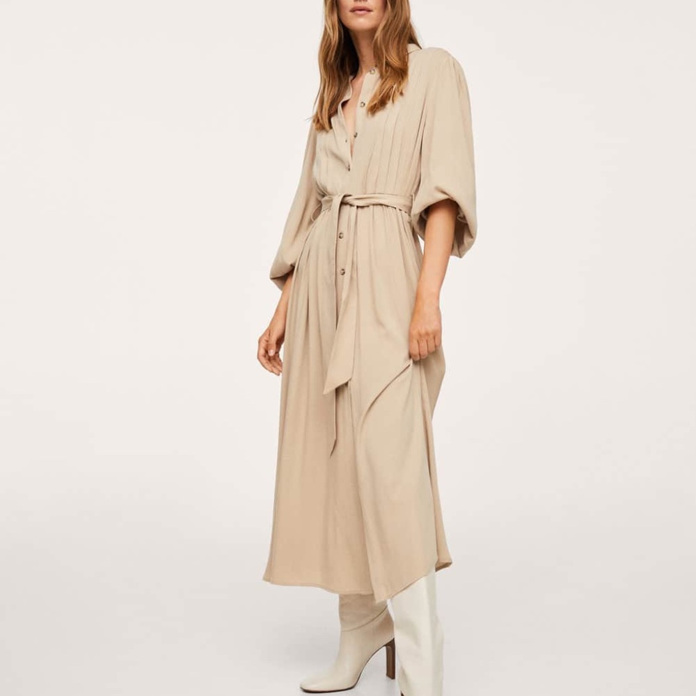 Beige button down long sleeve pleated tie-waist midi dress